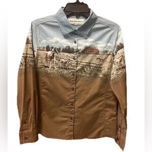 Women’s Bit & Bridle Horse Farm Scene Western Equestrian Button Up Shirt Sz M